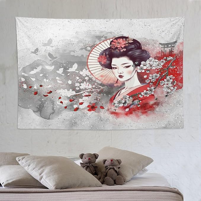 Japanese Geisha Tapestry Asian Red Cherry Blossom Traditional Kimono Folk Tapestries Home Decor for Living Room Bedroom Apartment Farmhouse Dorm 90"x60"