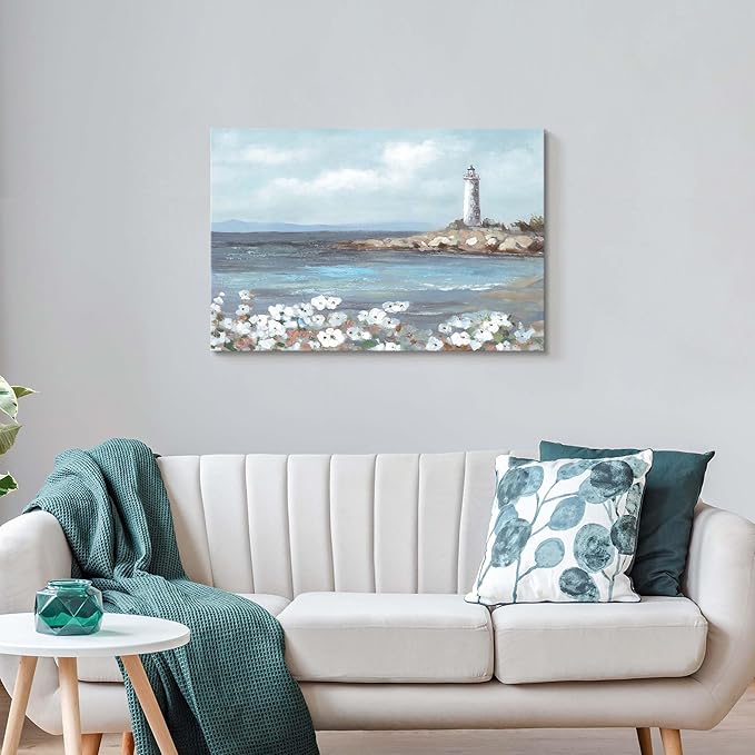 cozy country Lighthouse Wall Art 36"x24" - Coastal Pictures Beach Canvas Ocean Decor - Nautical Artwork Seascape Hand Painting for Bedroom, Sea House