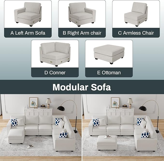 L Lengend Vansen Modular Sectional Sofa U Shaped Couch with Ottoman Modern Reversible Corner Sectional Couch for Living Room (Cream, U Shaped Sofa-2)
