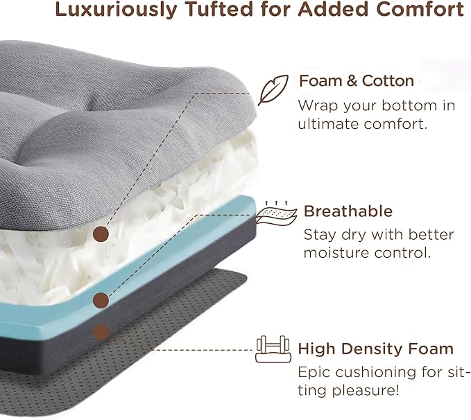 Codi Dining Chair Cushions 4 Pack, Thick Chairs Pads for Indoor Kitchen Room - Washable, Non-Slip Seat Cushion with Ties, 16.5"x16.5"x 3.5", Set of 4, Grey