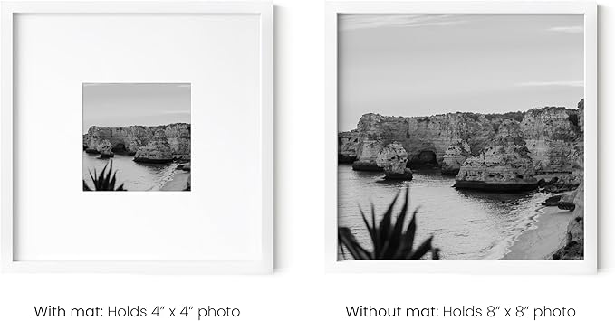 HAUS AND HUES 8x8 White Metal Picture Frame Matted to 4x4 - Features Premium Aluminum, Shatterproof Plexiglass - Ideal for Home, Room, Office (8x8 in, White, Set of 1)