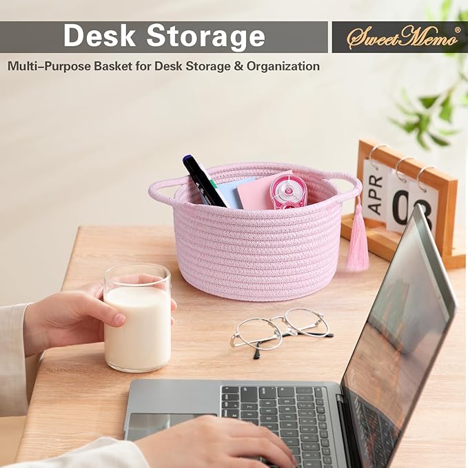 Empty Gift Basket – SweetMemo Mini Woven Rope Organizer Baskets for Gifting, Baby Shower, Desk, Makeup Brushes, Bathroom, Shelves – Small Decorative Storage Bin with Gift Bag & Ribbon – Blush Pink