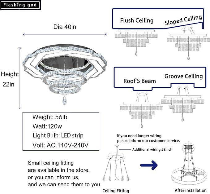Flashing God Dia 40" Crystal Chandelier,LED Crystal Flush Mount Ceiling Light Modern Chandeliers for Bedrooms Dining Room,Living Room