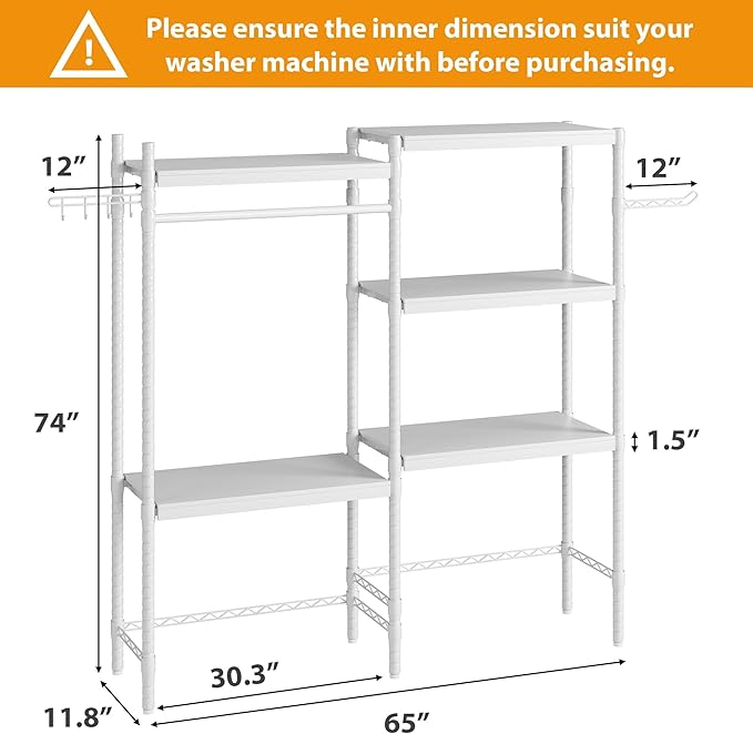 Double Row Over Washer and Dryer Storage Shelves, Laundry Room Organization and Storage, Heavy Duty Laundry Room Shelves, with Adjustable Height, 5-Tier