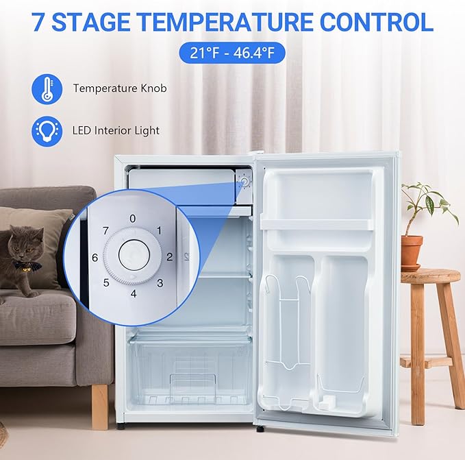 3.2 Cu.Ft Mini Fridge with Freezer, Small Refrigerator with Single Door and Adjustable Thermostat, Shelf, Energy Efficient, Compact Fridge for Bedroom, Office，white