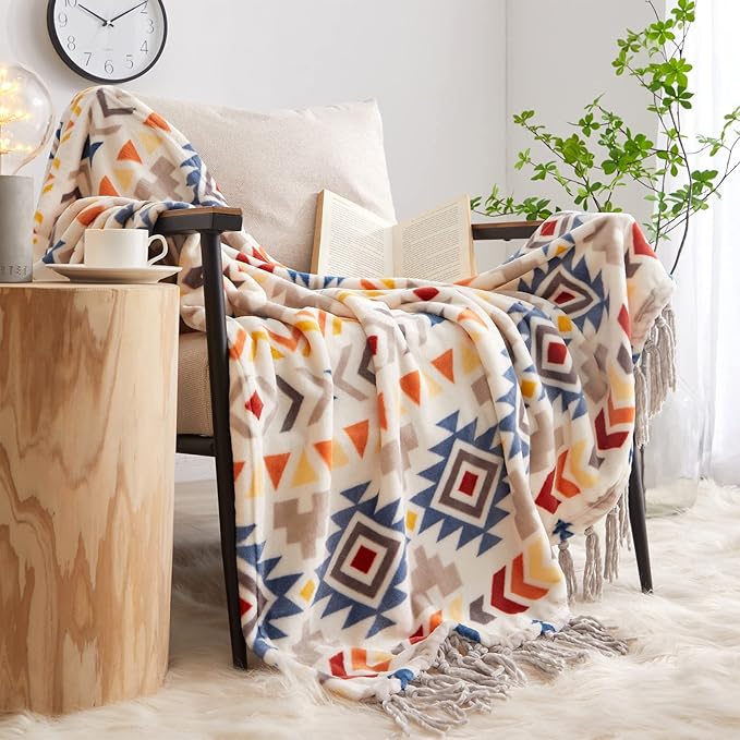 CASAAGUSTO Boho Throw Blanket - Colorful Decorative Blankets with Tassel, Printed Flannel Bohemian Blanket for Chair, Bed, Sofa, Couch(60 * 80, Colorful)