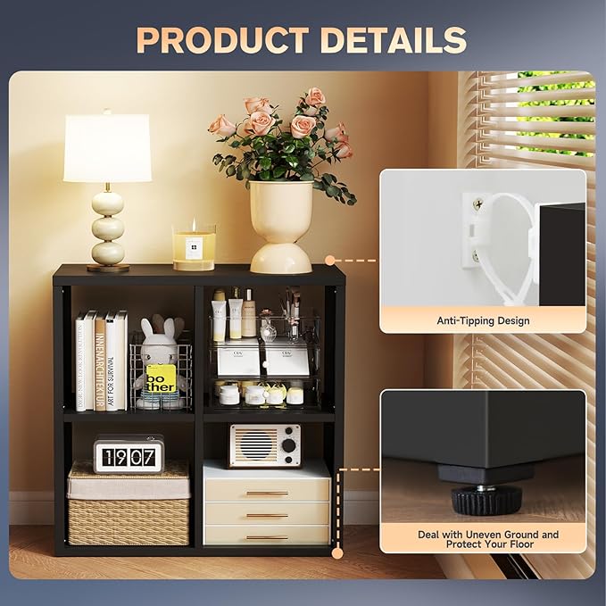 4 Cube Storage Organizer, Cubicle Open Back Decorative Book Shelf, 2-Tier Space Saving Storage Shelf Bookcase, Metal Display Shelf for Living Room,Office,Closet