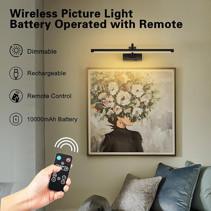 Dimmable Black Picture Lights with Remote and Timer Wireless Art Lights Rechargeable Gallery Lighting for Canvas Portrait 24'' Inch 5W Warm White