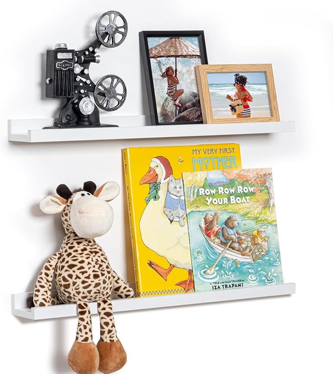 Fun Memories Picture Ledge Shelf, 24 Inch Floating Shelves Set of 2, Nursery Book Shelves for Toys Storage, Kids Bookshelf Wall Mounted for Wall Decor Books Photo Frames, White