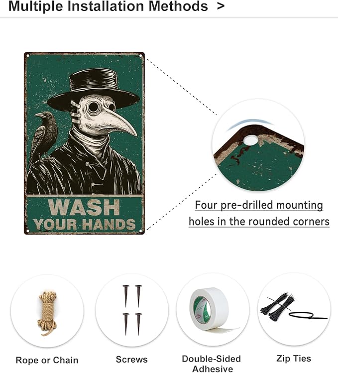 ALKB Halloween Bathroom Decor 8x12 Inch - WASH YOUR HANDS, Gothic Vintage Metal Tin Sign, Novelty Gifts for Men Women Adult