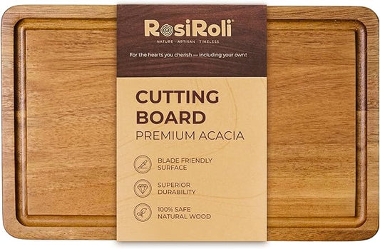 Acacia Wood Cutting Board for Kitchen - 0.8 inch Thick Wood Charcuterie Cheese Board with Side Handles and Juice Grooves, Wooden Chopping Block for Meat and Veggies, 11.5x7 inch
