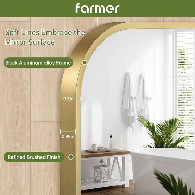 FARMER 20x28 Inch Gold Bathroom Mirror, Rectangle Vanity Mirror, Brushed Mirrors for Wall, Metal Frame Hanging Mirror with Round Corner for Bedrooms, Entryways, Living Rooms, Horizontal/Vertical