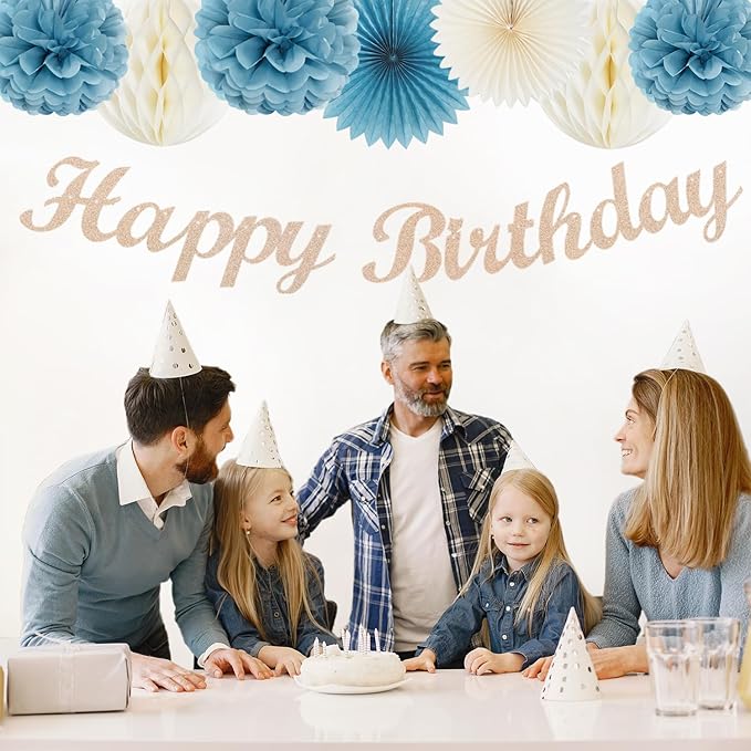 Dusty-Blue White Birthday Party-Decorations Paper-Flowers - 14pcs Happy Banner Boy Lanterns Tissue Pom Poms,Men Streamers Garland Fans Honeycomb,Baby Teen Male Kids Hanging Supplies Decor Hugfond