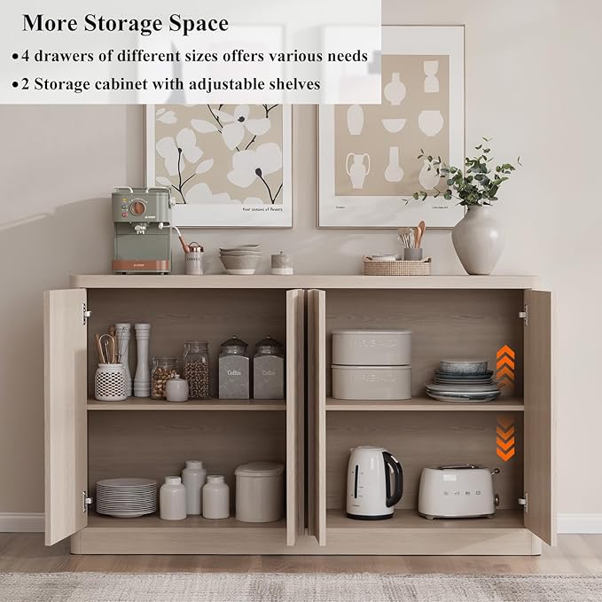 Fluted Buffet Cabinet with Storage, 60" Sideboard Buffet Accent Cabinet with 4 Door & Solid Wood Handle, Modern Buffet Table Credenza Console Cabinets for Living Room, Dining Room, Kitchen, Oak(1PCS)