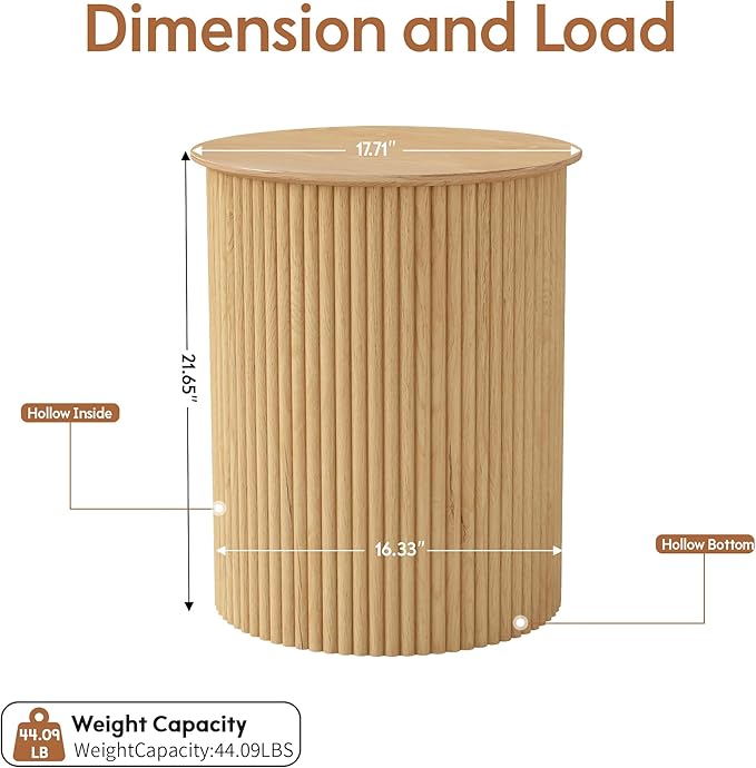 AVZEAR Fluted Round Side Table, Small End Table Modern Boho Nightstands, Circle Bedside Tables Bohemian Accent Table Wood Night Stand for Small Spaces, Living Room, Bedroom(Natural)
