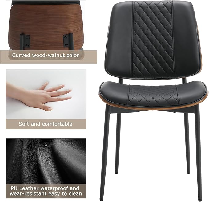 BV Dining Chairs Set of 4, PU Leather Armless Kitchen Chair in Modern Walnut Style, Mid Century Bentwood Side Chair with Metal Legs, Retro Accent Guest Chair for Kitchen Dining Room(Black)