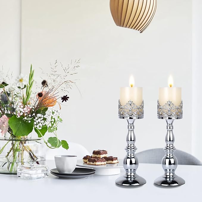 Candle Holders for Pillar Candles Gothic Matte Black Vintage Tall Candle Holders Set of 2 Decorative Large Table Centerpieces Candle Stand Decor (Silver 2PCS A)