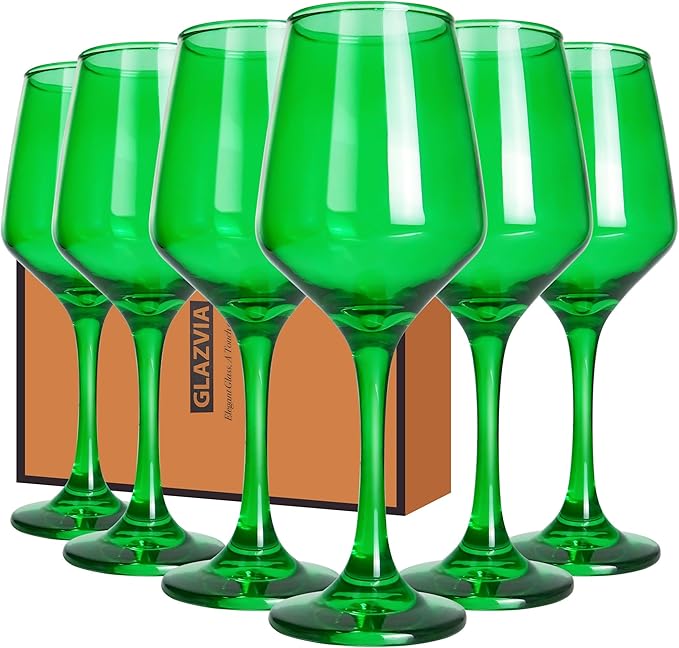 Green Wine Glasses Set of 6-12oz Green Long Stem Wine Glass Cups, Pretty Crystal Glassware, Hand Blown Goblets Drinkware, Unique Drinking Stemware Holiday Gift Set