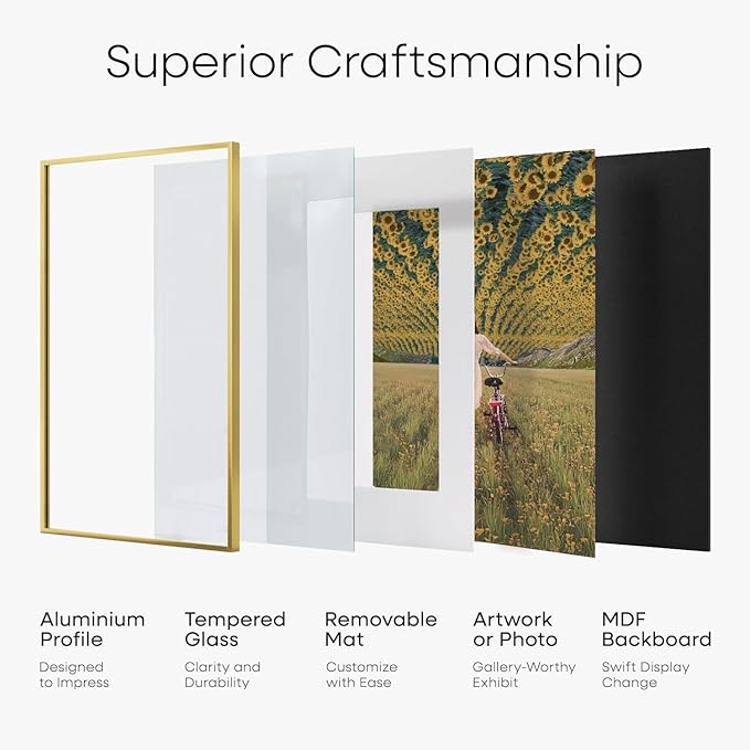 Homeforia 16x16 Picture Frame Gold, High End Metal 16 x 16 Square Poster Frame with Mat 12 x 12 Photo, 16x16 Frame Matted to 12x12 Print, 16by16 Gold Hanging Frames, Tempered Glass, Wall Kit, Set of 1