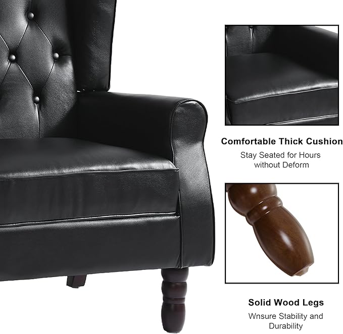 Accent Chair, Upholstered Armchair with Button Tufted High Back & Solid Wood Legs, Comfy Wingback Reading Single Sofa Chair for Small Spaces, Living Room, Bedroom (Leather Black, Set of 1)