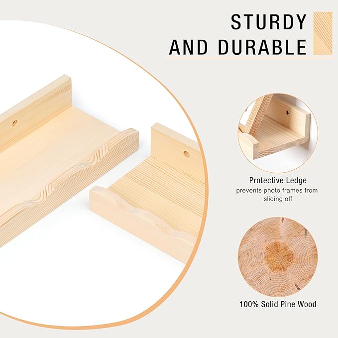 Fun Memories Picture Ledge Shelf for Wall, 48 inch Pine Wood Nursery Book Shelves Set of 2- Wall Book Shelves for Kids Room, Home Decor - Kitchen Spice-Natural