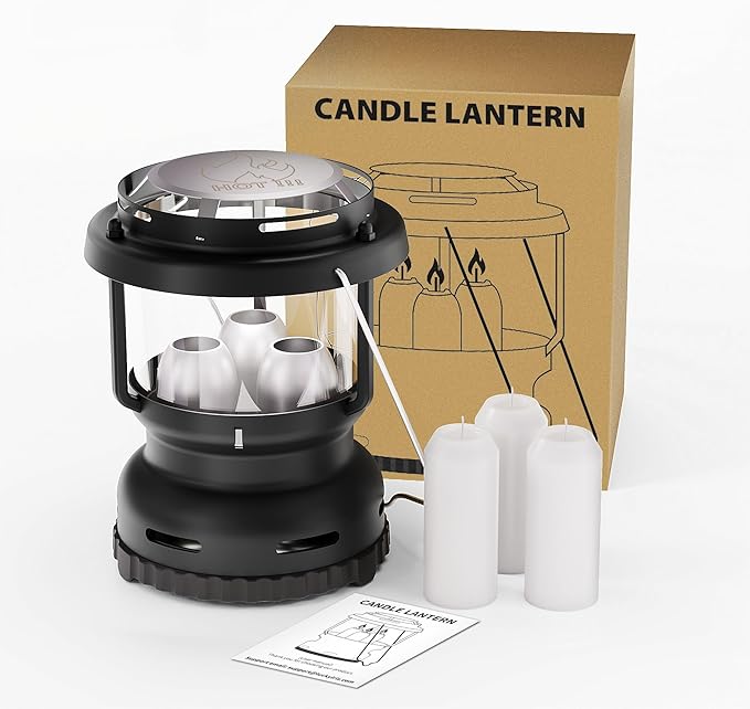 3-Wick Emergency Candle Lantern for Power Outages [18H+ Burning Time] Vintage Decorative Candle Lantern for Real Candles, Outdoor Portable Camping Survival Lighting [7.1"*5.7" - Matte Black]