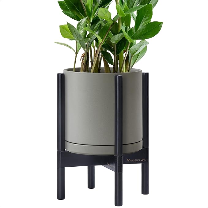 D'vine Dev Ceramic Planter with Ebony Stand - 10 Inch Modern Round Flower Pot with Wood Planter Holder, Grey, 55-B-L-3