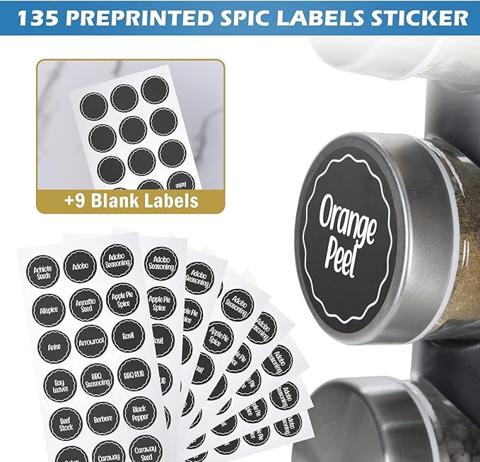 Black Countertop Rotating Spice Rack, 16-Jars Revolving Spice Rack Organizer Tower, 135 Spice Labels with Funnel Complete Set, Seasoning Organizer for Kitchen Countertop, Cabinet