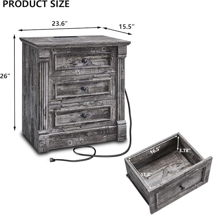 26" Tall Farmhouse Nightstand Set of 2, 3 Drawers End Table w/Charging Station, 23.6" Wide Large Side Table w/Roman Column, Wood Rustic Sofa Table for Bedroom, Light Gray