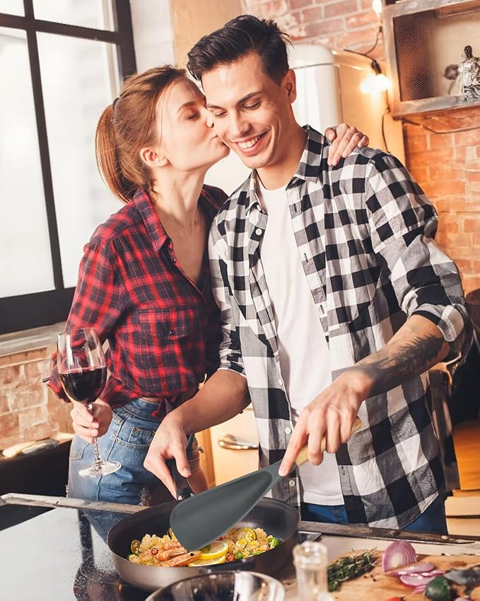 Cooking Spoon and Scraper for Nonstick Cookwares, Great for Cooking and Serving Durable BPA-Free Matte Silicone, Wood Handle Multifunction Spoon for Mixing, Scoop, and Scrape (GREY)