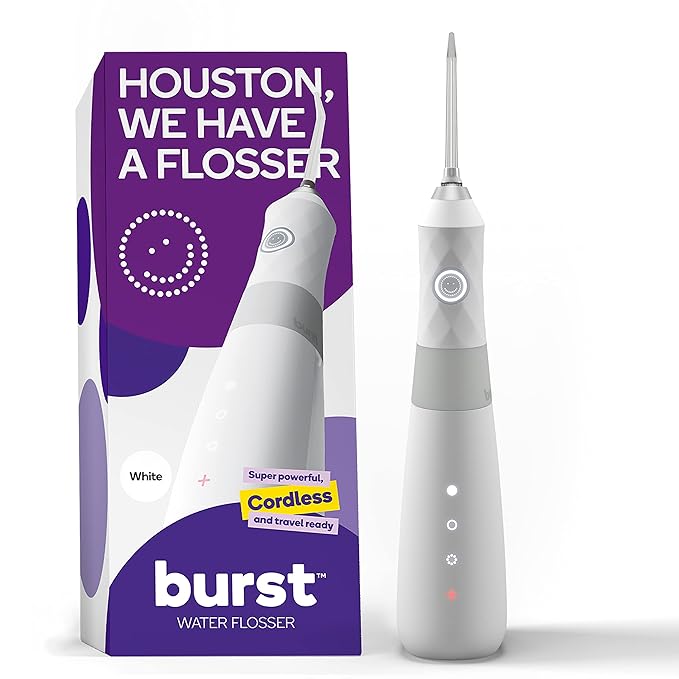 BURST Electric Water Flosser for Teeth Cleaning (3 Modes/White) | Cordless | Plaque Removal Between Braces & Dental Work | Portable Floss | Refillable 110mL Tank