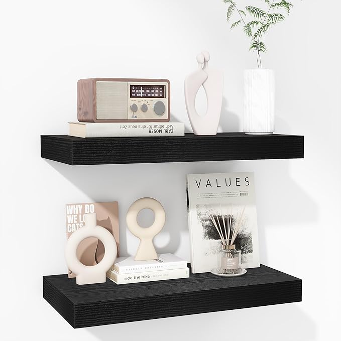 Fun Memories 16 Inch Floating Shelves - Deep Rustic Black Wooden Wall Shelves - Extra Deeper & Thicker Wall Mounted Storage Shelf for Bedroom, Kitchen, Farmhouse - 2 Pack, Rustic Black