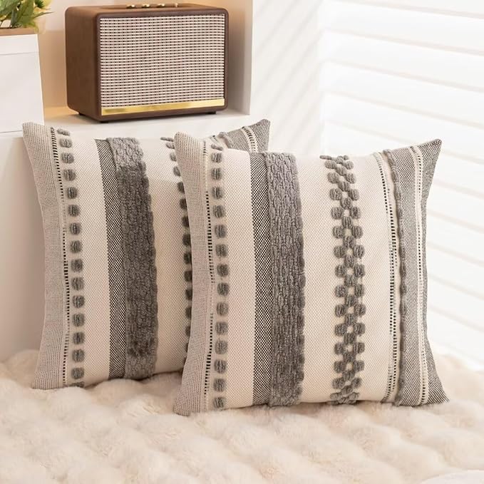 Boho Throw Pillow Covers 18x18 Set of 2 Farmhouse Decorative Cushion Case Striped Square Pillows Cover Chenille Pillow Cases Accent Neutral Pillowcase for Sofa Couch Bed,Gray