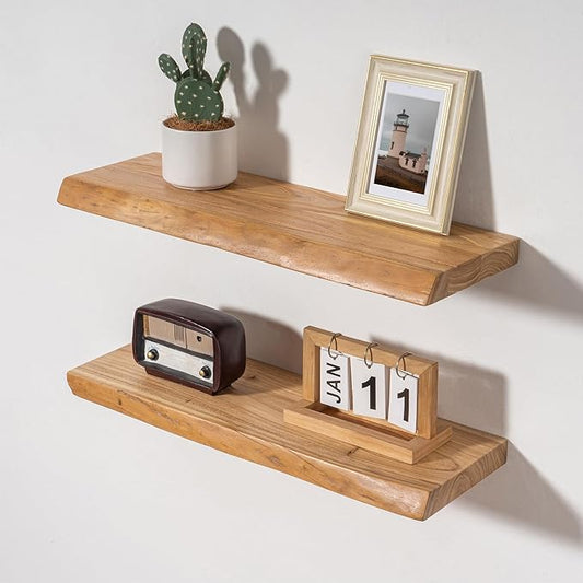 Axeman 24 inch Floating Shelves for Wall - 8'' D Live Edge Rustic Solid Elm Wood Floating Shelves Wall Mounted, Wall Shelves with Invisible Bracket for Living Room Bedroom Kitchen, Set of 2 Natural