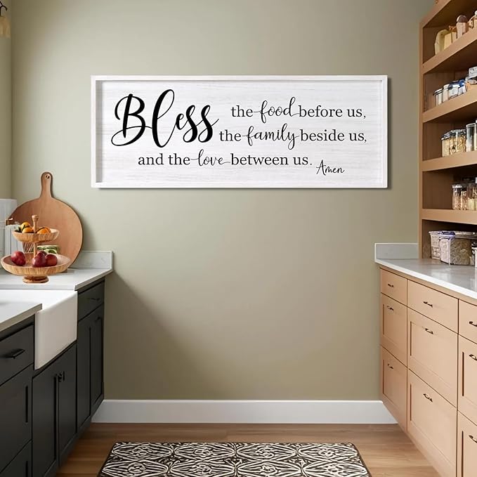 Bless the Food Before Us, the Family Beside Us, and the Love between us Framed Wall Art for Dining Room, 40''×15'' Holy Positive Religious Rustic Bible Verse for Christian God Jesus Christ Prayer