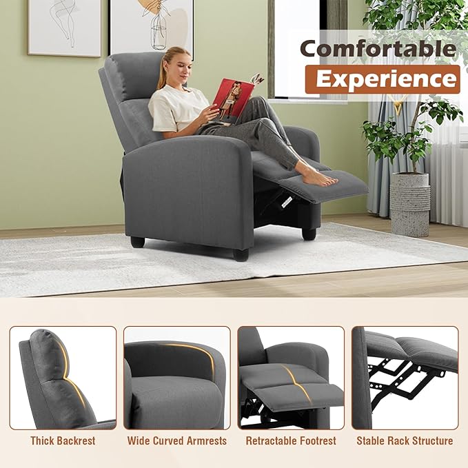 BestMassage | Recliner Chair | No Massage Function | Textile Grey | with Lumbar Support, Adjustable Push Back, Wide Armrests, Footrest & Padded Seat | Easy Assembly | for Living Room, Home Theatre
