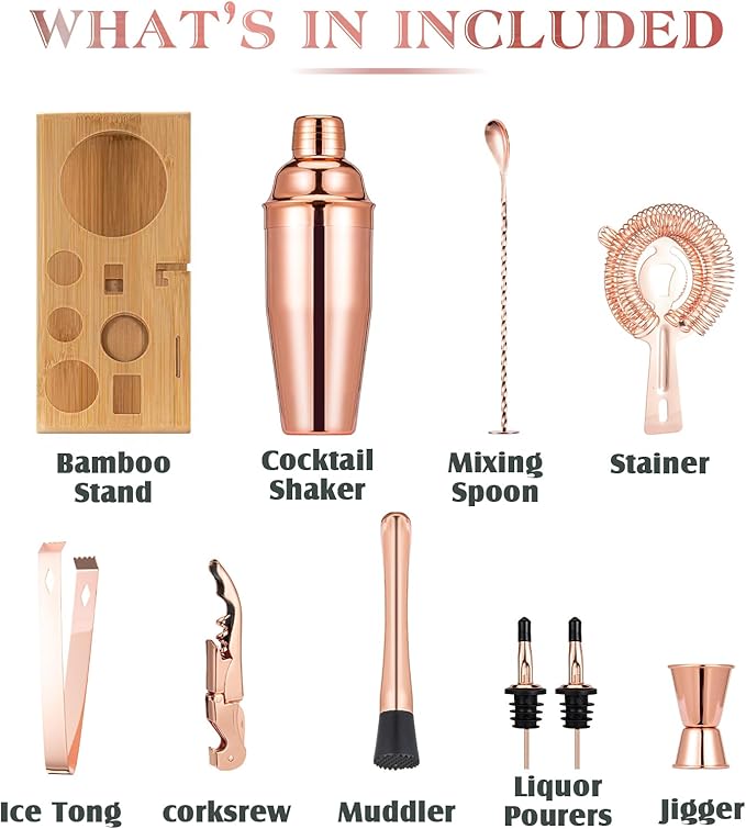 Cocktail Shaker Set, Mixology Bartender Kit 10-Piece Bar Tool Set with Stylish Bamboo Stand, Bar kit: Matini Shaker Mixing Spoon Muddler Jigger Cocksrew for Barware Set | Rose