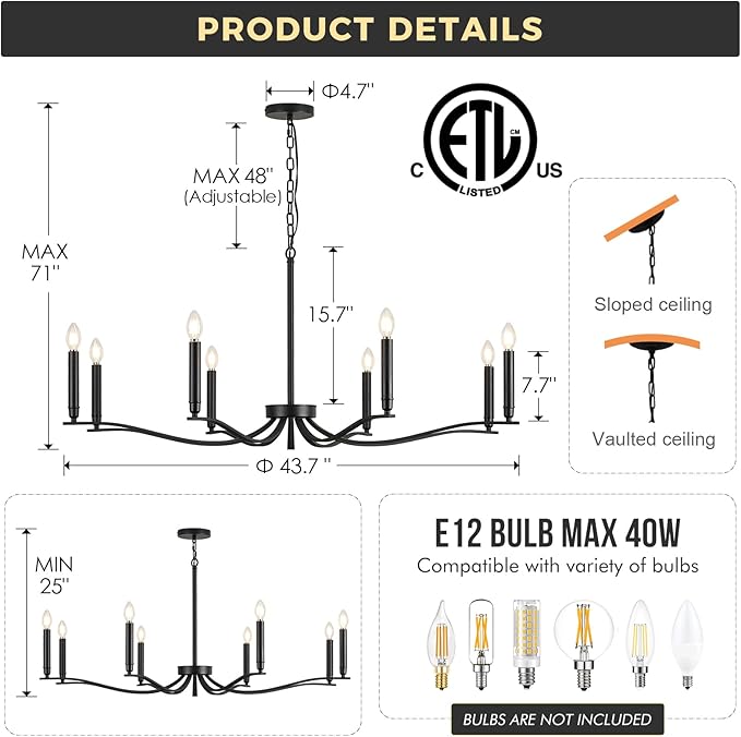Black Chandelier, Modern Dining Room Light Fixture 8 Light Candle Chandelier Over Table 44in Metal Chandeliers Lighting for Living Room Entry Master Bedroom Bathtub Kitchen