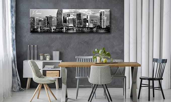 DJSYLIFE Miami Skyline Wall Art Decor Panoramic Cityscape Picture Modern USA City Night View Canvas Prints for Bedroom Office Living Room Decoration Stretched and Framed Ready to Hang 13.8"x47.3"