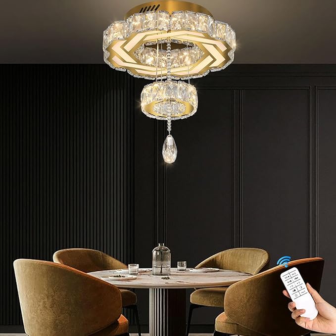 Flashing God Small Crystal Chandeliers Dia 12" Gold Chandelier Flush Mount Ceiling Light for Bedroom Living Room Dining Room Hallway Dimmable 3 Rings LED Celing Lighting Fixtures
