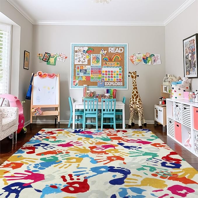 STARUIA Large Kids Rug for Playroom, 8'x10' Handprints and Footprints Colorful Rug for Classroom, Non-Slip Washable Rugs for Nursery, Soft Throw Carpet Indoor Playmat for Kids Room Dorm Bedroom