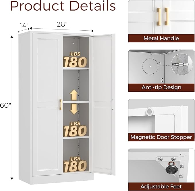 60" Tall Metal Pantry Cabinet, White Kitchen Pantry Storage Cabinet with 3 Adjustable Shelves and Gold Handles, Cupboard for Kitchen, Dining Room, Living Room, Bathroom