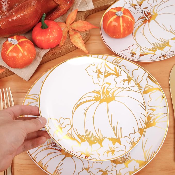 FLOWERCAT 60PCS Thanksgiving Plates & Gold Pumpkin Plates - Including 30PCS 10.25inch Thanksgiving Dinner Plates and 30PCS 7.5inch Thanksgiving Dessert Plates for Giving Thanks Theme Party