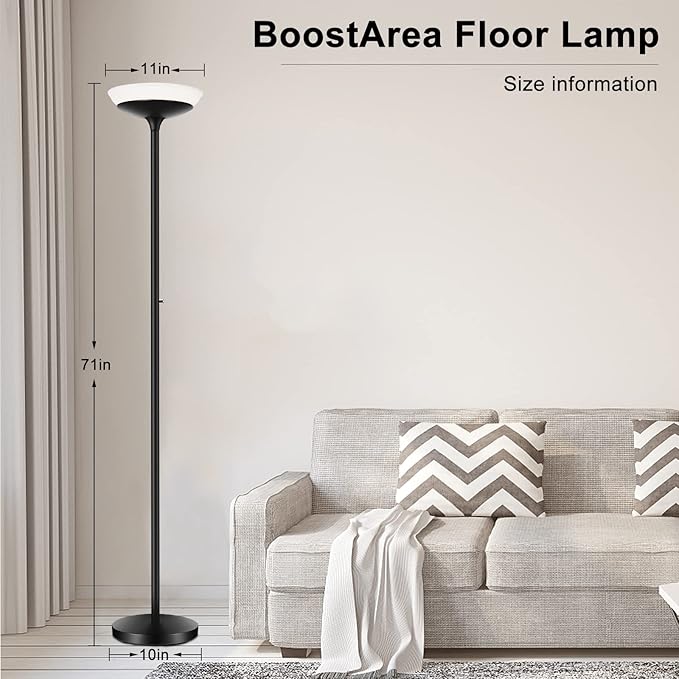 BoostArea Torchiere Floor Lamp, 30W Super Bright LED Standing Lamp, Stepless Dimmable Pole Lamp with 3000K Lighting, Rotary Switch, 70 Inch Tall Metal Modern Floor Lamps for Living Room/Bedroom Black