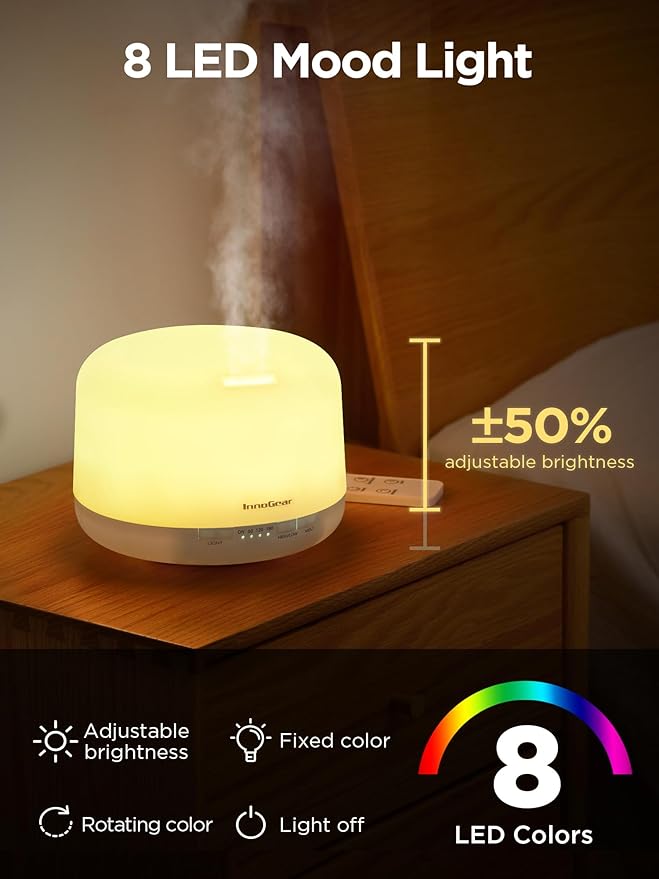 InnoGear 500ml Essential Oil Diffuser with Remote Control, Premium Ultrasonic Aromatherapy Diffusers Scent Humidifier Vaporizer Auto-Off Timer for Large Room Home, Basic White