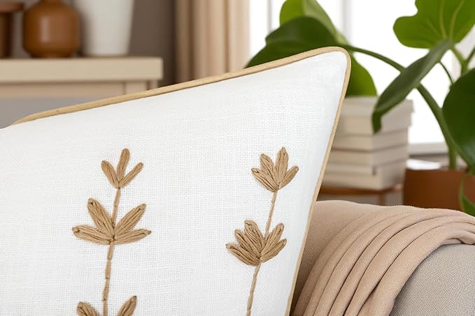 VAGMINE Hand Embroidered Daisy Accent Throw Pillow Cover - 20x20 Inches Square - 100% Cotton Ivory Decorative Cushion Cover for Couch, Sofa, Living Room - Textured Embroidery - Cozy Floral Home Décor