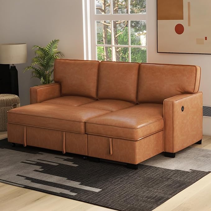 EBELLO Convertible Sleeper Sofa 3 in 1, Faux Leather Modern L-Shaped Couches for Living Room, Pull Out Sectional Futon Sofa Bed with Storage Space, USB Ports and Cup Holders for Bedroom, Brown