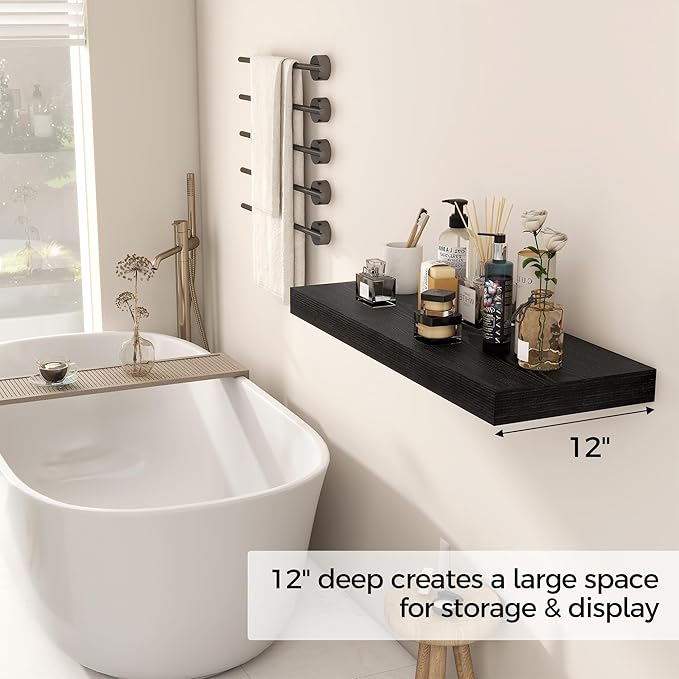 Fun Memories 30 Inch Floating Shelves Black, 12 Inch Deep Floating Shelf for Books, 30 x 12 x 2 Deep & Thicked Wall Shelves for Bathroom, Living Room, Kitchen, Set of 1