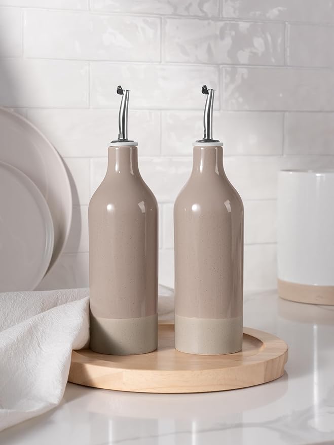 famiware Milkyway 16oz Ceramic Olive Oil Dispenser Bottle, Olive Oil and Vinegar Dispenser Bottle Set of 2 with Stainless Steel Pourers, Suitable for Storage Vinegar, Liquids, Cinnamon Brown