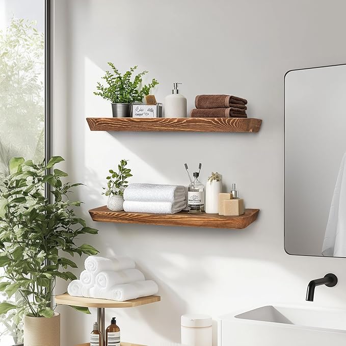 24"x6.8"x1.6" Slanted Floating Wall Shelves 2-Pack - Rustic Brown Finish, Heavy-Duty Solid Wood Design with Hidden Brackets - Perfect for Living Room, Kitchen, Bathroom, or Office